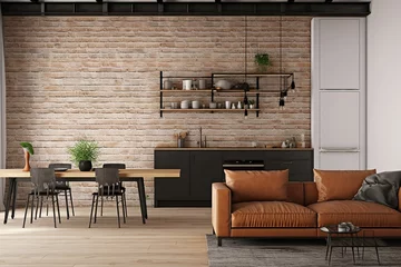 Fotobehang Wall mockup in loft, kitchen in industrial style ,3d render, Generative AI © Visual Odyssey