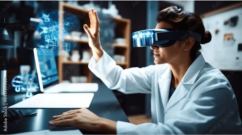 Poster scientist woman wearing a vr headset and interacting with virtual reality in the science lab, intera