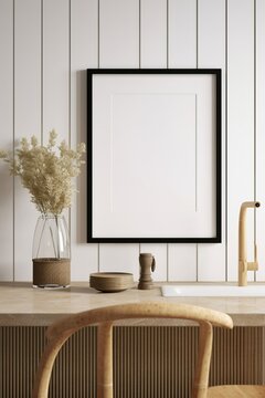 Mock up poster frame in kitchen interior, Farmhouse style, 3d render, Generative AI