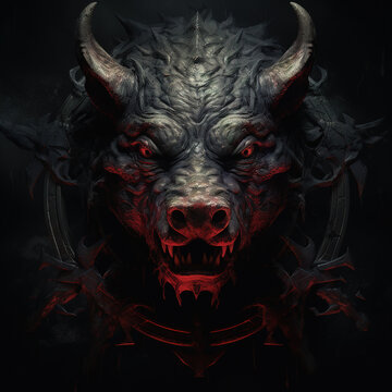 Image of angry demon boar terrifying and flames on dark background. Wildlife Animals. Illustration, Generative AI.