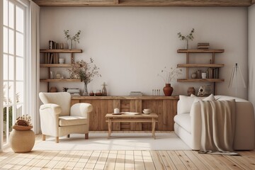 Cozy farmhouse living room interior, 3d render, Generative AI
