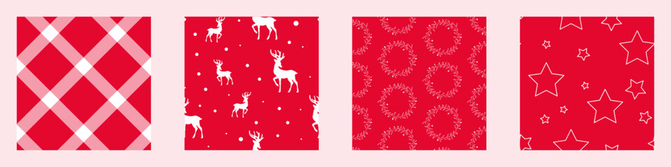 White on Red Festive Christmas Seamless Vector Patterns: Reindeer, Wreaths, Stars, and Diamonds Check Digital Wrapping Paper