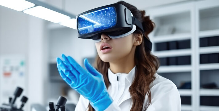 Scientist woman wearing a VR headset and interacting with virtual reality in the science lab, Interacting with virtual reality, Science, chemistry, technology.