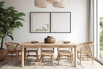 Mock up frame in cozy boho dining room interior background, 3d render, Generative AI