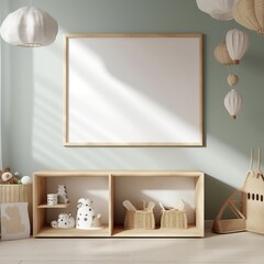 Horizontal wooden frame mock-up in children room with natural wooden furniture and toys, 3D render, Generative AI