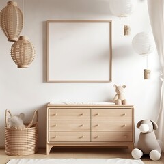 Horizontal wooden frame mock-up in children room with natural wooden furniture and toys, 3D render, Generative AI