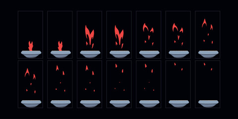 The witch's cauldron with fire spark  animation set. 2d cartoon fire animated sprite sheet frames.