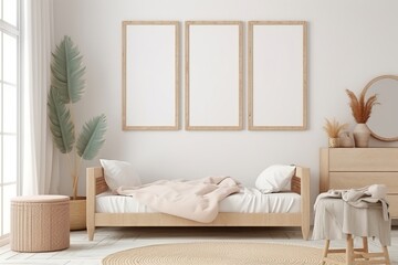 Fototapeta na wymiar Mock up frame in children room with natural wooden furniture, Farmhouse style interior background, 3D render, Generative AI