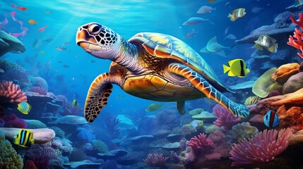 Fototapeta na wymiar Turtle with Colorful tropical fish and animal sea life in the coral reef, animals of the underwater sea world