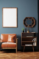 Poster frame mockup in home interior with old retro furniture, 3d render, Generative AI