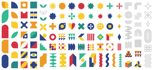 Collection of flat and outline abstract geometric shapes. Brutalism, Swiss minimalism, Bauhaus style inspired. Bright Color Vector design elements isolated on white background. Ediatble strokes