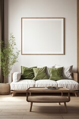 Poster frame mock-up in home interior background with sofa, table and decor in living room, 3d render, Generative AI
