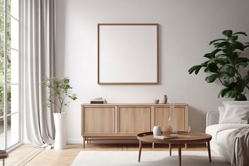 Mockup frame in Scandinavian living room interior background, 3d render, Generative AI
