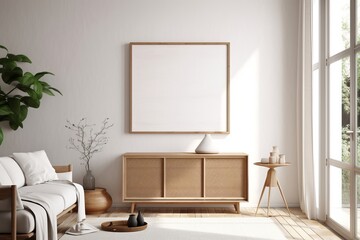 Mockup frame in Scandinavian living room interior background, 3d render, Generative AI