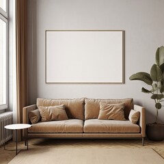Poster frame mock-up in home interior background with modern sofa and decor in living room, 3d render, Generative AI