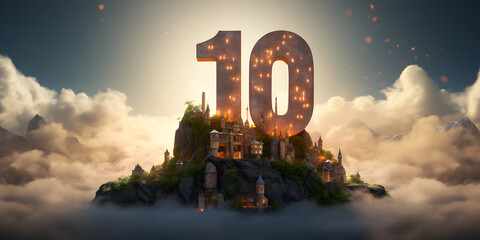 Banner with number 10 golden space. Ten years anniversary celebration concept on a evening castle with mountain background.
