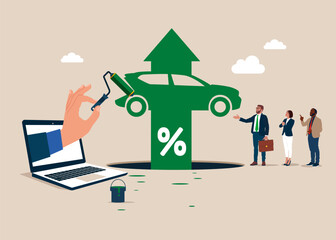 Computer laptop paint a growth electric car. Electric vehicle earning and profit increase in new economy stock market. Vector illustration. - obrazy, fototapety, plakaty