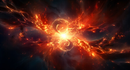 Fototapeta na wymiar Fiery sun in space, energetic, planar art, cosmic, the sun's energy explode.