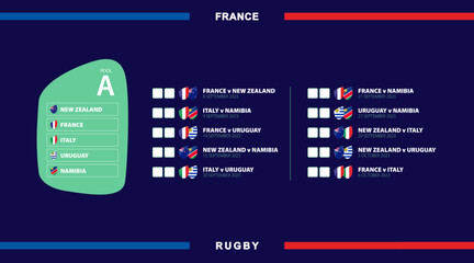 All rugby matches in pool A, flags of participants in international rugby competition in France.