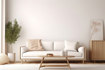 Fototapeta na wymiar Minimalist modern living room interior background, Scandinavian style, 3D render, Generative AI