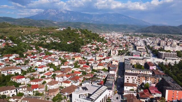 Aerial drone view of the city of Berat and its streets and avenues in Albania, the city of a thousand windows, overhead view