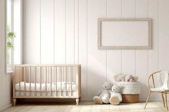 Mock up frame in children room with natural wooden furniture, Farmhouse style interior background, 3D render, Generative AI