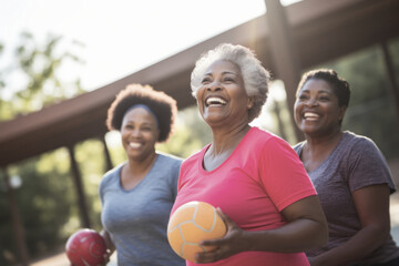 A group of African American women, showcasing a beautiful range of sizes and shapes, share moments of joy and play while engaging in outdoor ball exercises.