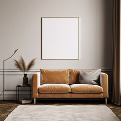 Poster frame mock-up in home interior background with modern sofa and decor in living room, 3d render, Generative AI