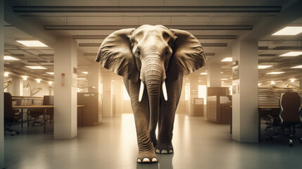 The elephant in the room. An elephant in an office. Idiom. © Delta Amphule