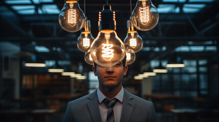 A businessman surrounded by lightbulbs. Symbolises many business ideas. Startup. Thinking, Potential. Entrepreneur or entrepreneurialism.   - obrazy, fototapety, plakaty