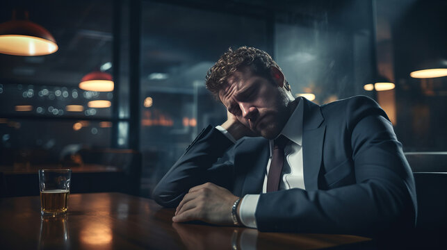 A depressed businessman. Drinking a beer. Unhappy, alone.  In a bar. Depression, Vulnerable, at night.