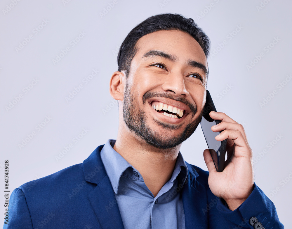 Poster business, phone call and man with a smile, conversation and connection on a white studio background.
