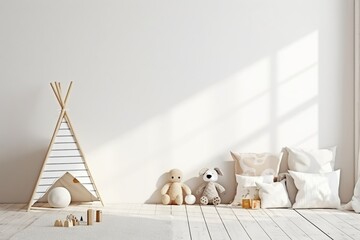 White cozy children room interior background, wall mockup, 3D render, Generative AI
