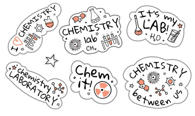 A set of funny stickers on chemistry in the style of doodle with lettering
