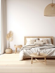 Home mockup, Coastal boho style bedroom interior background, 3d render, Generative AI