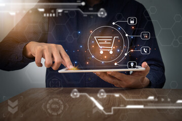 Virtual screen shopping icons online. The concept of a computer, smart phone, credit card, and...