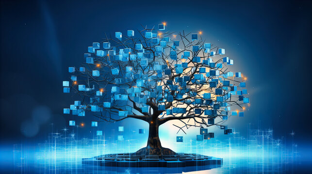 A digital tree with roots formed by currency symbols and branches showcasing diverse financial services