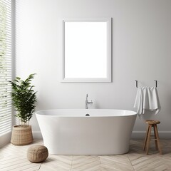 Fototapeta na wymiar Poster frame mockup in white cozy bathroom interior background, 3d render, Generative AI