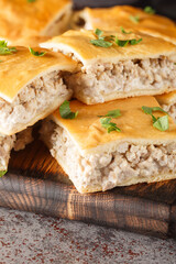 Fresh Сrescent rolls pie of minced pork with cream cheese close-up on a wooden board on the table. Vertical
