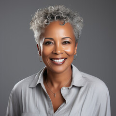 Cheerful mature African American woman with grey hair in casual clothes with a genuine smile on gray background, lookinh at camera in the studio - obrazy, fototapety, plakaty