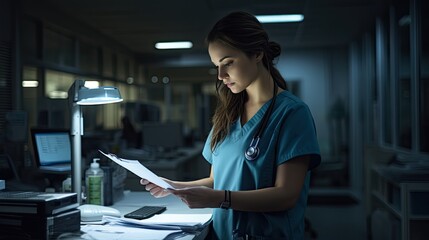 A dedicated nurse reviewing patient charts under the dimmed lights of a night shift, highlighting the perseverance of medical professionals