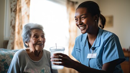 A smiling nurse offering a cup of water to a recovering patient, symbolizing the smaller acts of kindness that define caregiving