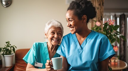 Fototapeta na wymiar A smiling nurse offering a cup of water to a recovering patient, symbolizing the smaller acts of kindness that define caregiving