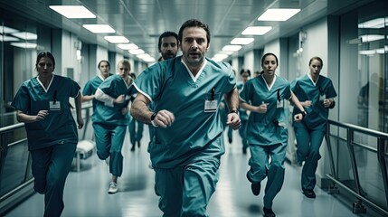 Dynamic shot of medical staff rushing through hospital corridors, epitomizing the urgency and pace of healthcare