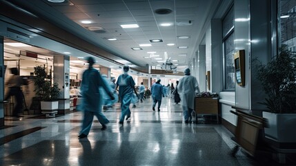 Dynamic shot of medical staff rushing through hospital corridors, epitomizing the urgency and pace of healthcare - Powered by Adobe