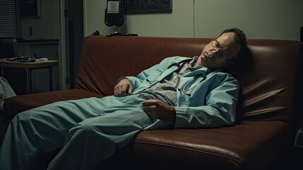 Resident physician catching a quick nap on a break room couch, a candid representation of the exhaustive demands of the job