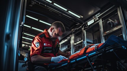 Naklejka premium Paramedic staff preparing an ambulance, underscoring the first-response aspect of healthcare
