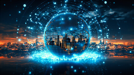 A holographic globe with pins indicating global stock markets, emphasizing worldwide financial interconnectivity