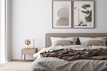 Mock-up poster frame in bedroom, Scandinavian style, 3d render, Generative AI