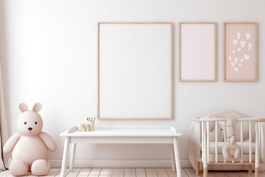 Mock up poster frame in white cozy children room interior background, 3D render, Generative AI